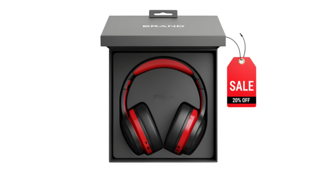 Black and red headphones in box with sale tag isolated on white background