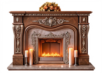 Ornate fireplace with floral arrangement and candles isolated on a transparent background
