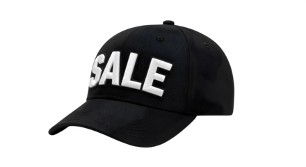 Isolated black baseball cap with stitched sale logo on white background