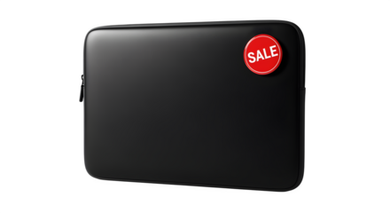 Isolated black laptop sleeve with sale badge on white background