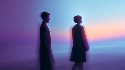 Two dark silhouette figures stand against a glowing gradient neon background, creating a mysterious, cinematic and futuristic atmosphere perfect for creative visuals. - Powered by Adobe
