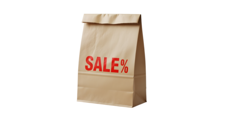 Isolated brown paper bag with red sale print on white background