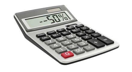 Isolated calculator with “-50%” displayed on screen on white background
