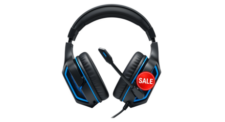 Isolated gaming headset with sale logo on white background