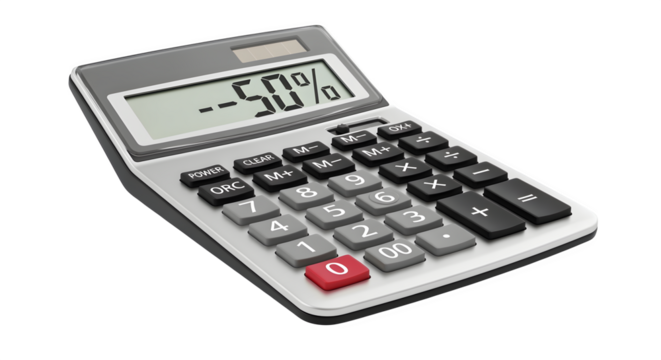 Isolated calculator with “-50%” displayed on screen on white background