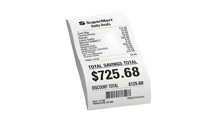 Naklejka premium Isolated shopping receipt showing big discount total on white background