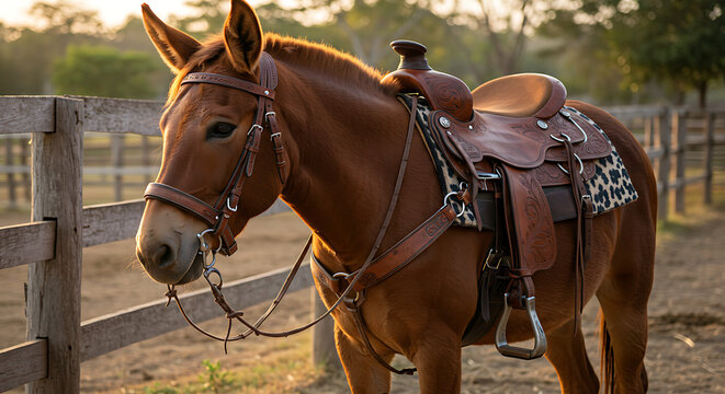 A radiant brown mule stands calmly saddled with a bridle in the serene light of golden hour.