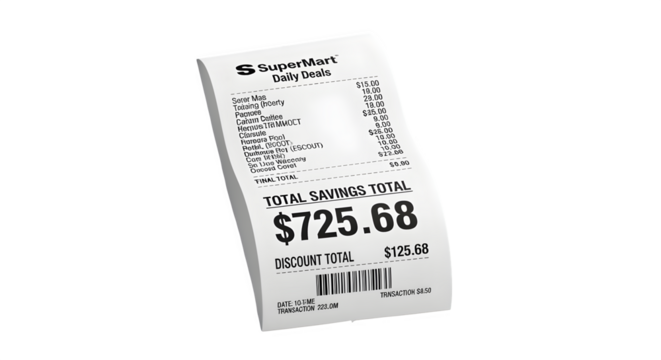 Isolated shopping receipt showing big discount total on white background