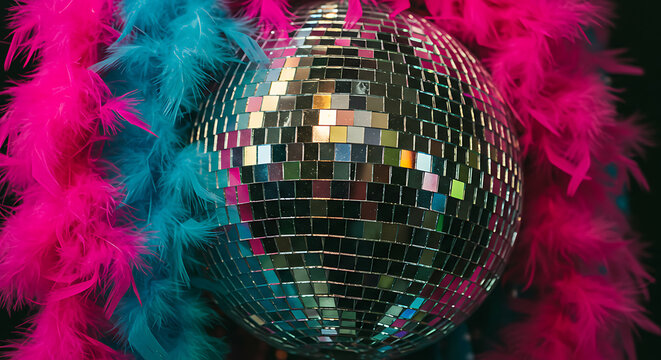 A reflective disco ball shimmers, framed by vibrant pink and blue feather boas on a dark background.