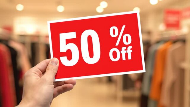 50% Off Sale Sign in Retail Store - A hand holds up a bright red sign advertising a 50% off sale. The background is a blurred-out retail store with clothing racks visible.