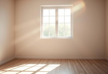 Soft sunlight streams through window, illuminating minimalist room's gentle shadows,   diffuse light,   natural light