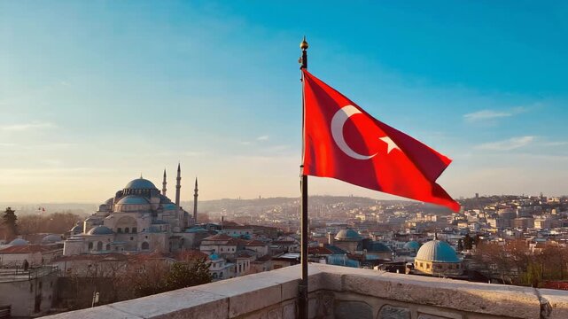 Dynamic Turkish flag waving proudly over historic Istanbul cityscape with majestic S&uuml;leymaniye Mosque in the background under vibrant blue skies, showcasing rich culture and heritage