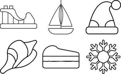 Simple vector outline icons representing various objects and themes conveying play travel and festive seasons in clean minimalist design for diverse creative projects