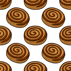 Seamless vector pattern of hand-drawn cinnamon rolls with textured surface and brown shades, creating a delicious and appetizing bakery design.