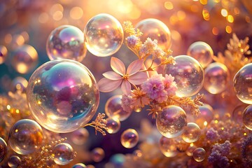 Naklejka premium Dreamy Bubbles and Flowers A Soft Ethereal Scene of Light and Color