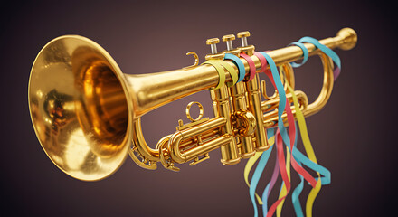 Obraz premium A golden trumpet, adorned with colorful paper streamers, creating a festive and celebratory mood.