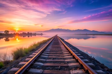 Fototapeta premium Railroad Tracks Stretching Towards a Vibrant Sunset Over a Calm Lake Landscape