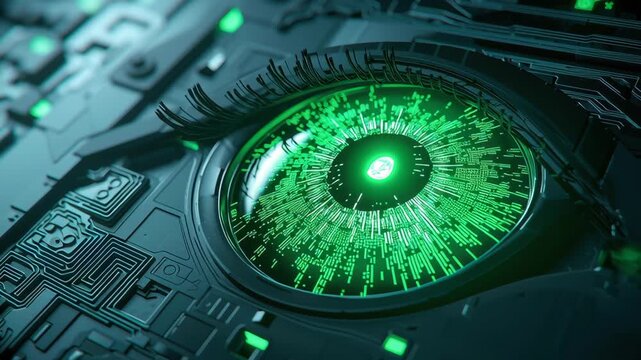 Futuristic Digital Eye Design with Intricate Circuitry and Glowing Green Elements, Showcasing Technology and Innovation in Abstract Form