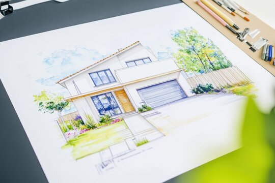 Artistic architectural sketch of a modern house on a designer's workspace
