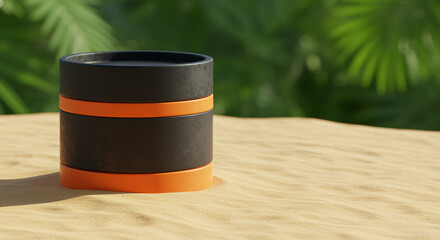 Modern Black and Orange Container on Sand with Tropical Foliage for Product Mockup or Presentation Graphic Design