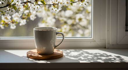 Morning Coffee by the Window with Blooming Spring Flowers Enjoying Peaceful Sunlight Indoors