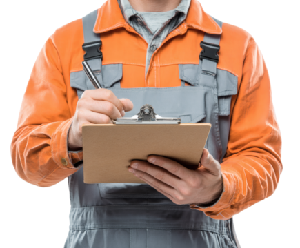 A worker in orange overalls meticulously takes notes on a clipboard