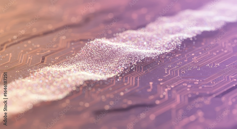 Aufkleber abstract circuit board with sparkling data stream in soft pink and purple tones