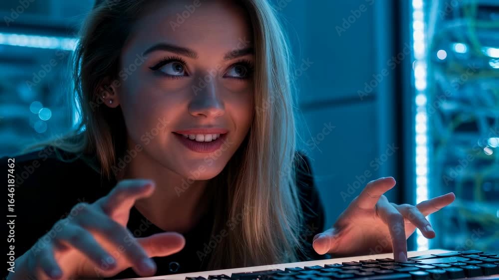 Poster Young woman programmer working on computer in data center. Female network engineer coding in server room footage.