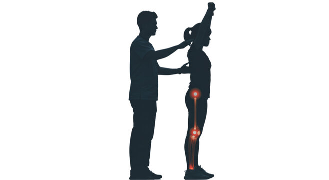 Silhouette of a man assisting a woman with stretching exercises highlighting joints
