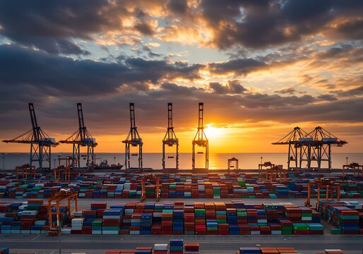 Stunning sunset over a bustling seaport, highlighting the scale of international trade with gantry cranes and shipping containers.