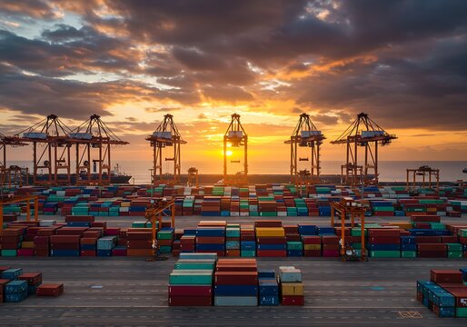 Stunning sunset over a bustling seaport, highlighting the scale of international trade with gantry cranes and shipping containers.