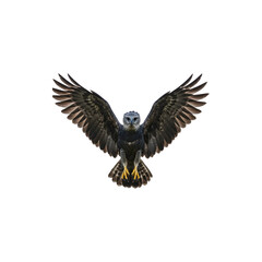 Obraz premium Fierce Hawk Spread Wings Dynamic Predator Bird in Flight on White Background