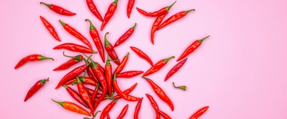 Vibrant red chili peppers scattered on a pink background,  texture background,  food background