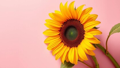 Obraz premium Vibrant yellow sunflower against pastel pink, summer flatlay, happy, gardening
