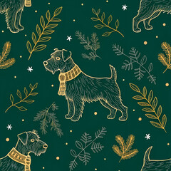 Continuous line Terrier with holiday scarf, gold on deep green, seamless repeat pattern.
