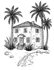 Sketchy house with palm trees