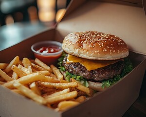 A fast food delivery box opened to reveal a meal with a burger, fries, and a dipping sauce cup, placed on a table, warm lighting. 