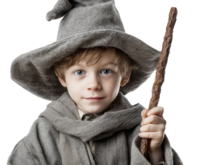 A charming young boy in a wizard costume, ready for adventure with his wand.