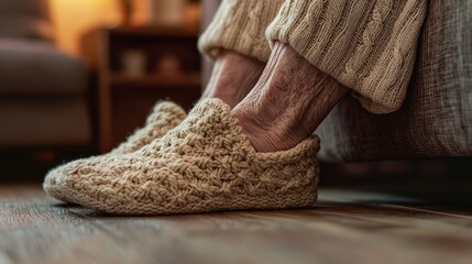 Elderly feet in comfortable knitted slippers resting on wooden floor showing natural aged skin texture in warm home setting