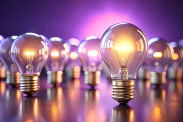 Illuminated Light Bulbs on a Reflective Surface with a Purple Background Glow