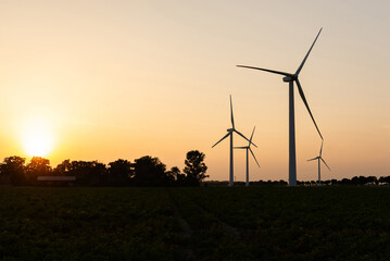 Wind turbines silhouettes against sunset sky