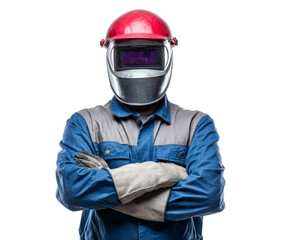 Welder in full protective gear, arms crossed, posing against a black backdrop.