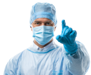 A doctor in medical attire points directly toward the viewer, ready to assist.