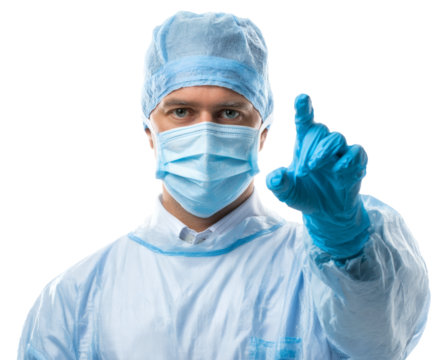 A doctor in medical attire points directly toward the viewer, ready to assist.