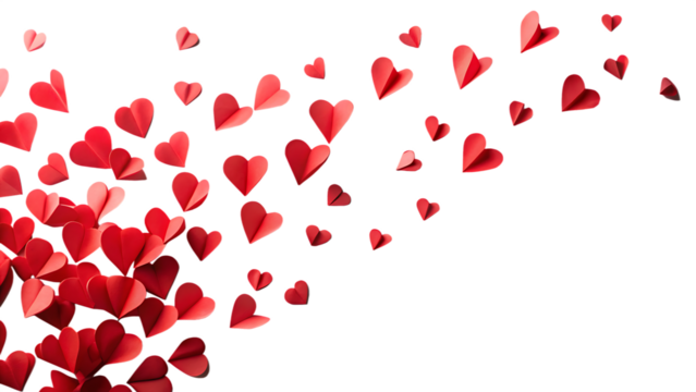 3d illustration of scattered red paper hearts isolated on transparent background