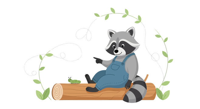 Whimsical raccoon character observing a green caterpillar on a wooden log illustration