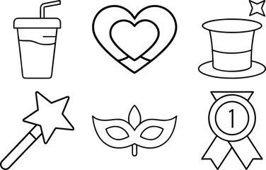 Collection of fun and whimsical icons in a playful line art style featuring a refreshing drink a heart a magicians hat a magic wand a masquerade mask and a winning medal