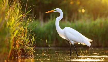 Fototapeta premium Majestic egret in shallow water at sunrise