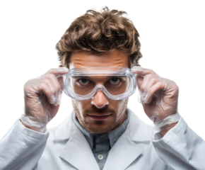 A scientist wearing protective goggles and gloves looks intently at the viewer.