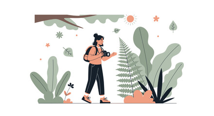 Woman photographer with backpack taking pictures in nature, outdoor activity illustration with natural setting and harmonious color palette